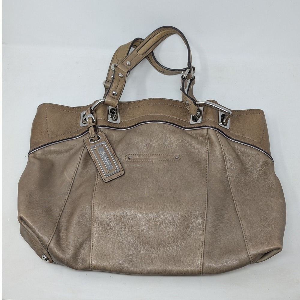 B. Makowsky Taupe Leather Hobo Bag Leopard Print Lining Silver Hardware Large